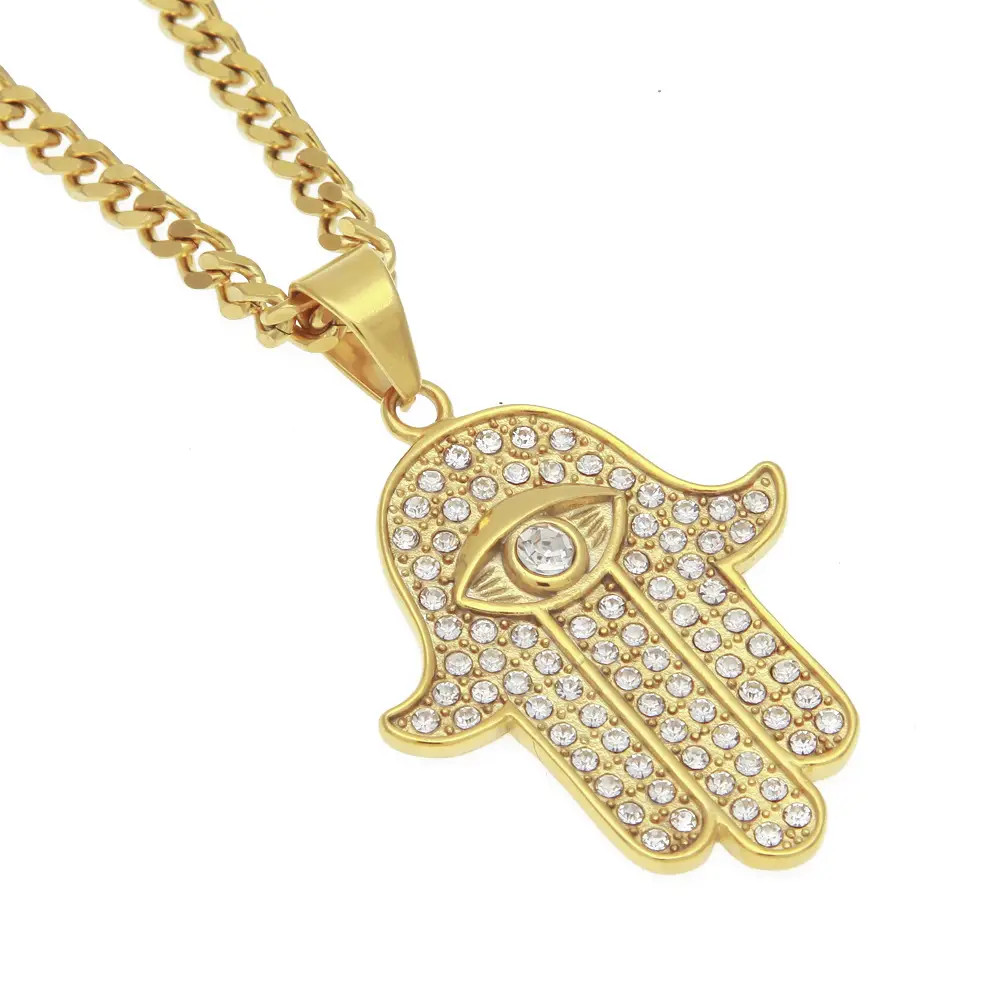 High Quality Stainless Steel Men's Necklace with Diamond Hand of Fatima Pendant — feature 7