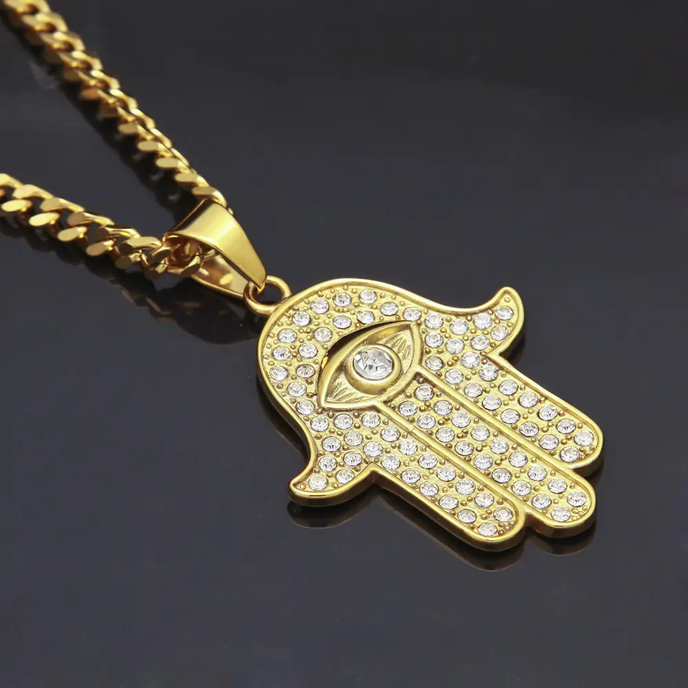 High Quality Stainless Steel Men's Necklace with Diamond Hand of Fatima Pendant — feature 9