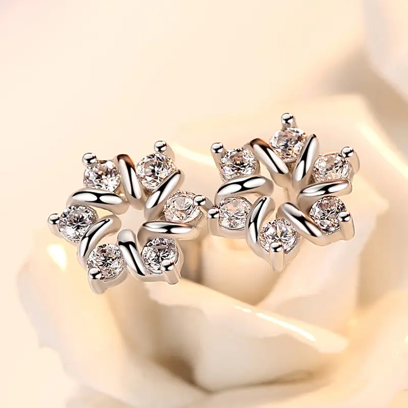 Women's Zircon Flower Earrings Silver Plated - Image 2
