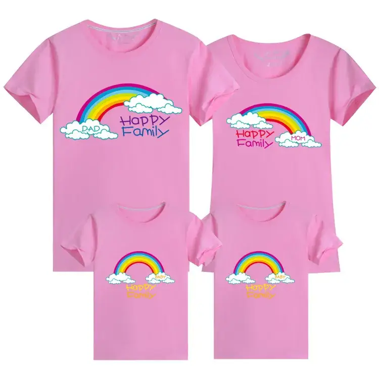 Korean Style Family Summer T-Shirt Set Blue Rainbow Cotton 2024