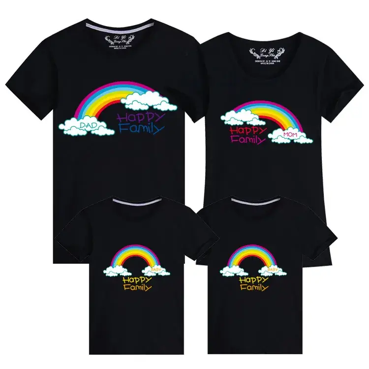 Korean Style Family Summer T-Shirt Set Blue Rainbow Cotton 2024