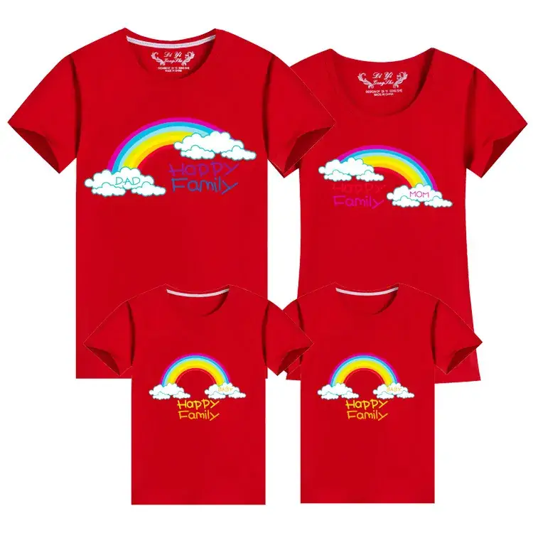 Korean Style Family Summer T-Shirt Set Blue Rainbow Cotton 2024