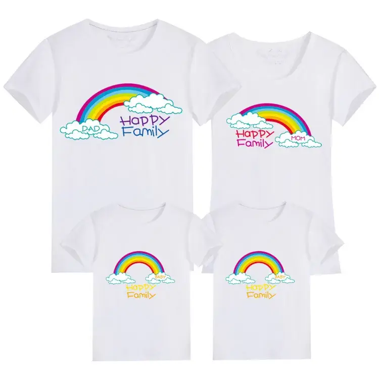 Korean Style Family Summer T-Shirt Set Blue Rainbow Cotton 2024