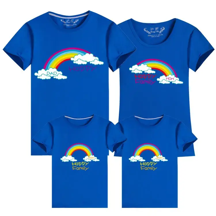 Korean Style Family Summer T-Shirt Set Blue Rainbow Cotton 2024