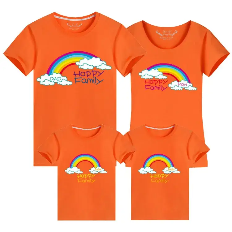 Korean Style Family Summer T-Shirt Set Blue Rainbow Cotton 2024