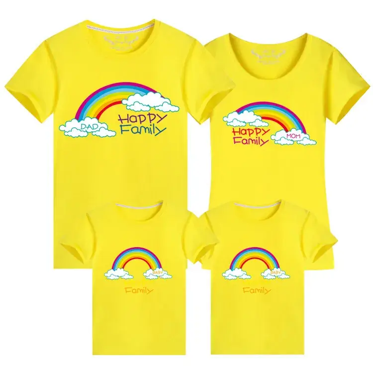 Korean Style Family Summer T-Shirt Set Blue Rainbow Cotton 2024