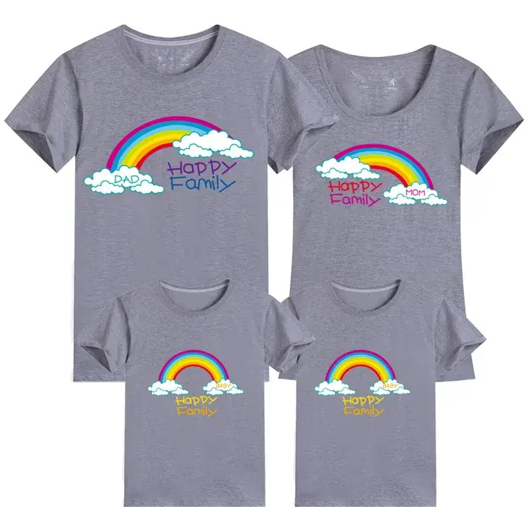 Korean Style Family Summer T-Shirt Set Blue Rainbow Cotton 2024