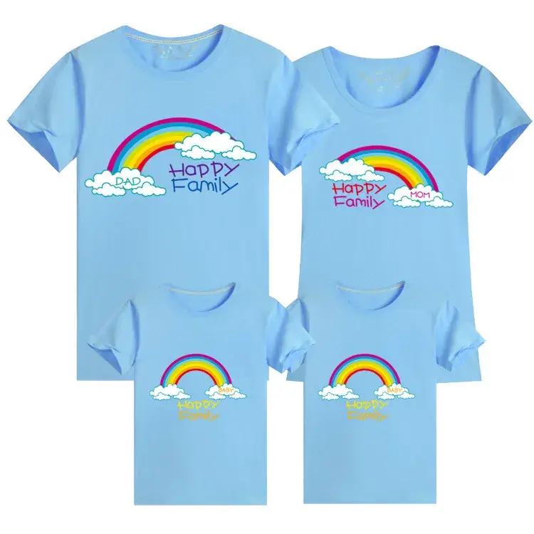Korean Style Family Summer T-Shirt Set Blue Rainbow Cotton 2024