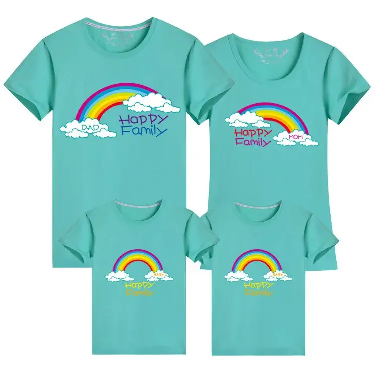Korean Style Family Summer T-Shirt Set Blue Rainbow Cotton 2024