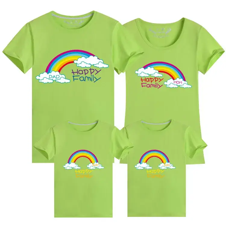 Korean Style Family Summer T-Shirt Set Blue Rainbow Cotton 2024