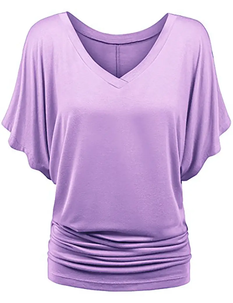 Women Blue Loose Bat Sleeve V-Neck T-Shirt Large - Image 4