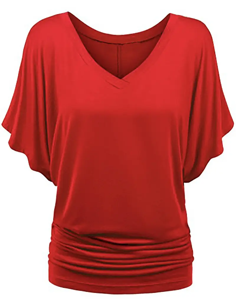 Women Blue Loose Bat Sleeve V-Neck T-Shirt Large - Image 5