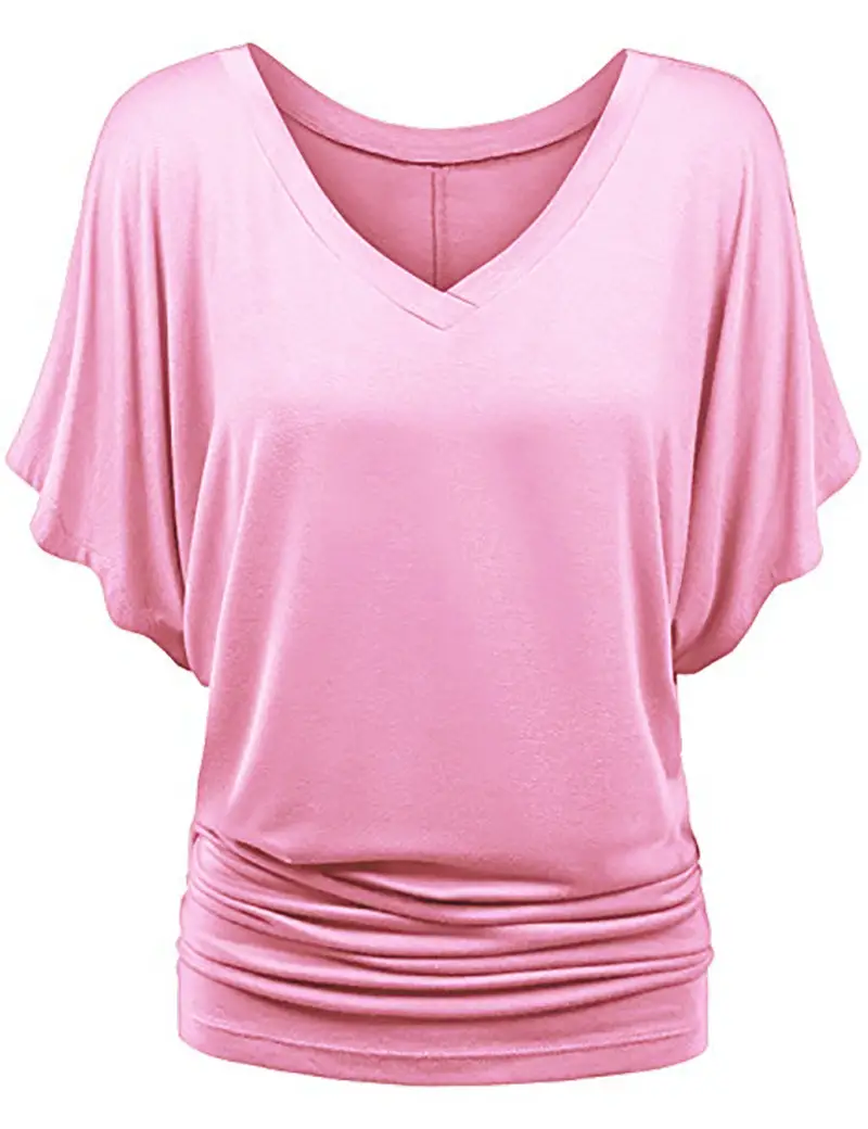 Women Blue Loose Bat Sleeve V-Neck T-Shirt Large - Image 7
