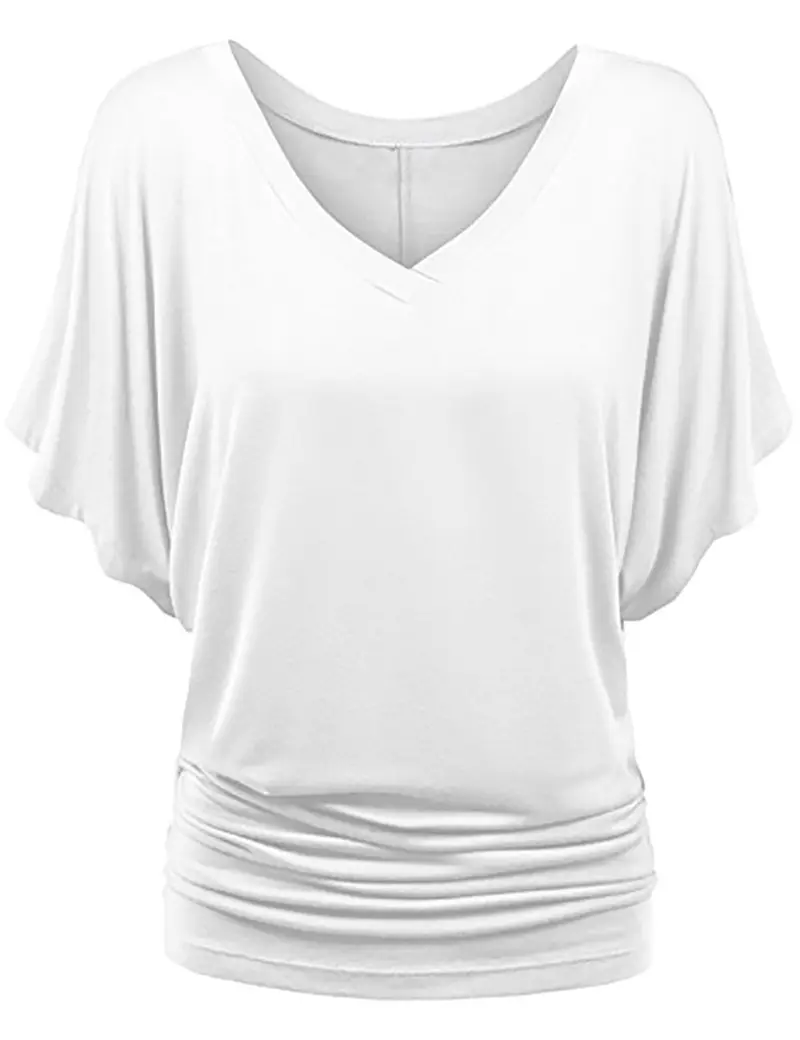 Women Blue Loose Bat Sleeve V-Neck T-Shirt Large - Image 8
