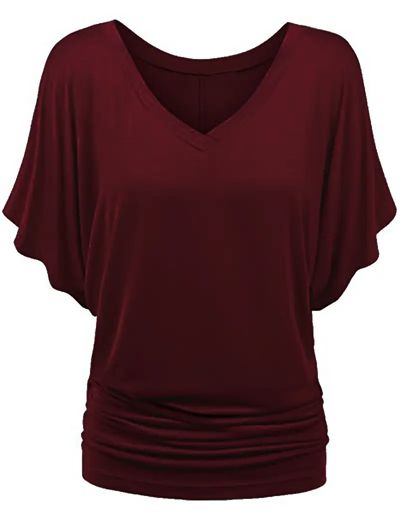 Women Blue Loose Bat Sleeve V-Neck T-Shirt Large - Image 9