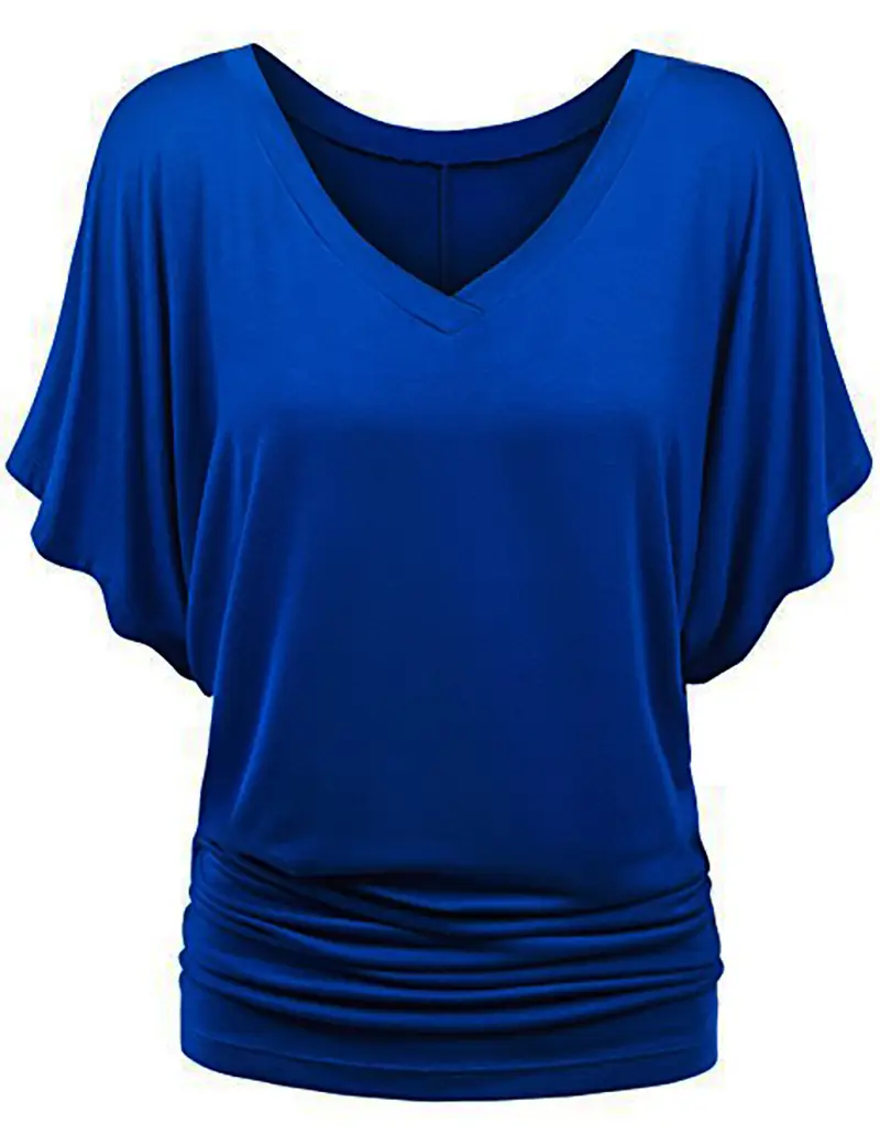 Women Blue Loose Bat Sleeve V-Neck T-Shirt Large - Image 10