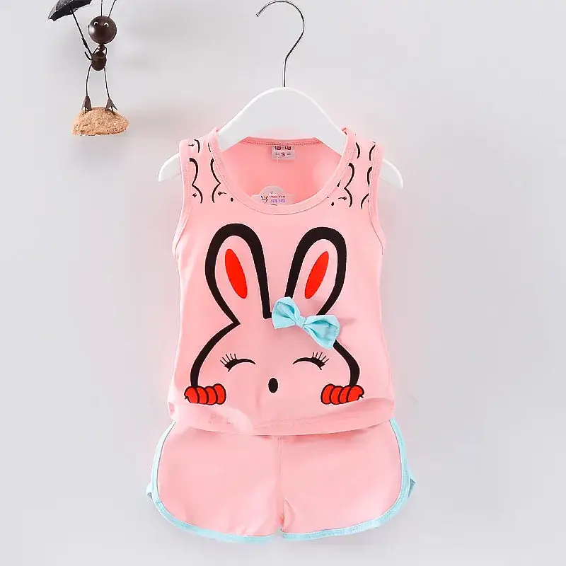 Baby Girl Cartoon Rabbit Sleeveless Vest Shorts Set Pink 0-4Y