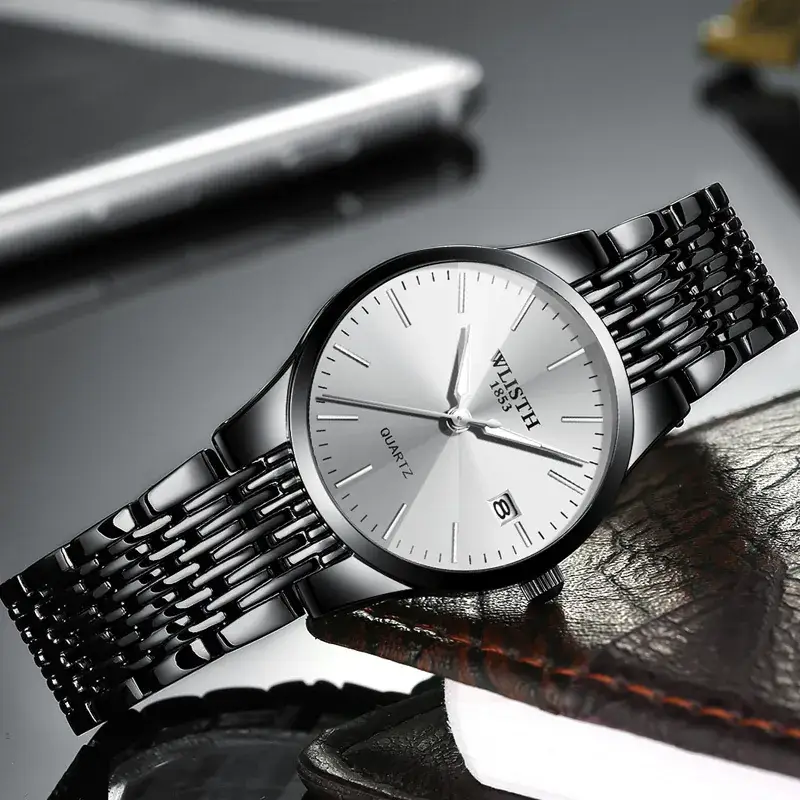 Black Leather Strap Swiss Brand Couple Watch for Men - Image 13