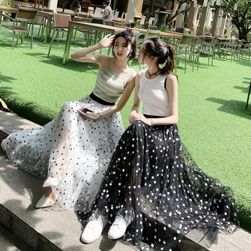 Black Mesh Gauze Skirt Mid-Length High Waist A-Line - Image 6