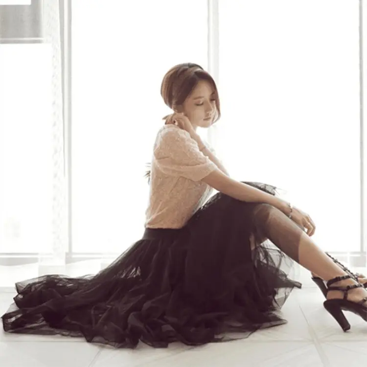 Black Mesh Gauze Skirt Mid-Length High Waist A-Line - Image 12