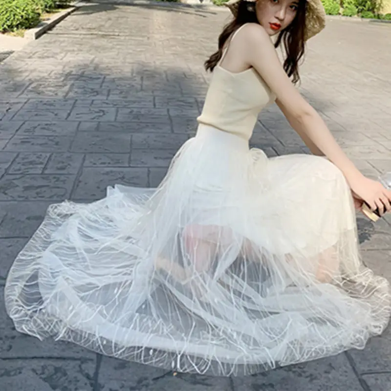 Black Mesh Gauze Skirt Mid-Length High Waist A-Line - Image 13