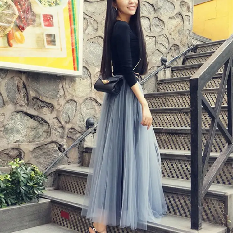 Black Mesh Gauze Skirt Mid-Length High Waist A-Line - Image 14