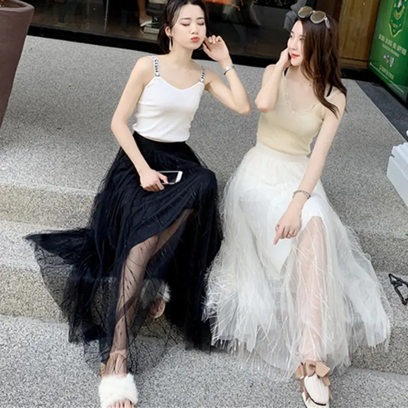 Black Mesh Gauze Skirt Mid-Length High Waist A-Line - Image 4
