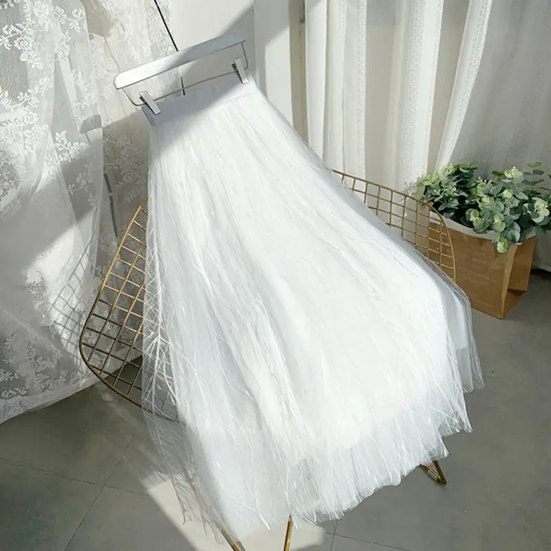 Black Mesh Gauze Skirt Mid-Length High Waist A-Line - Image 5