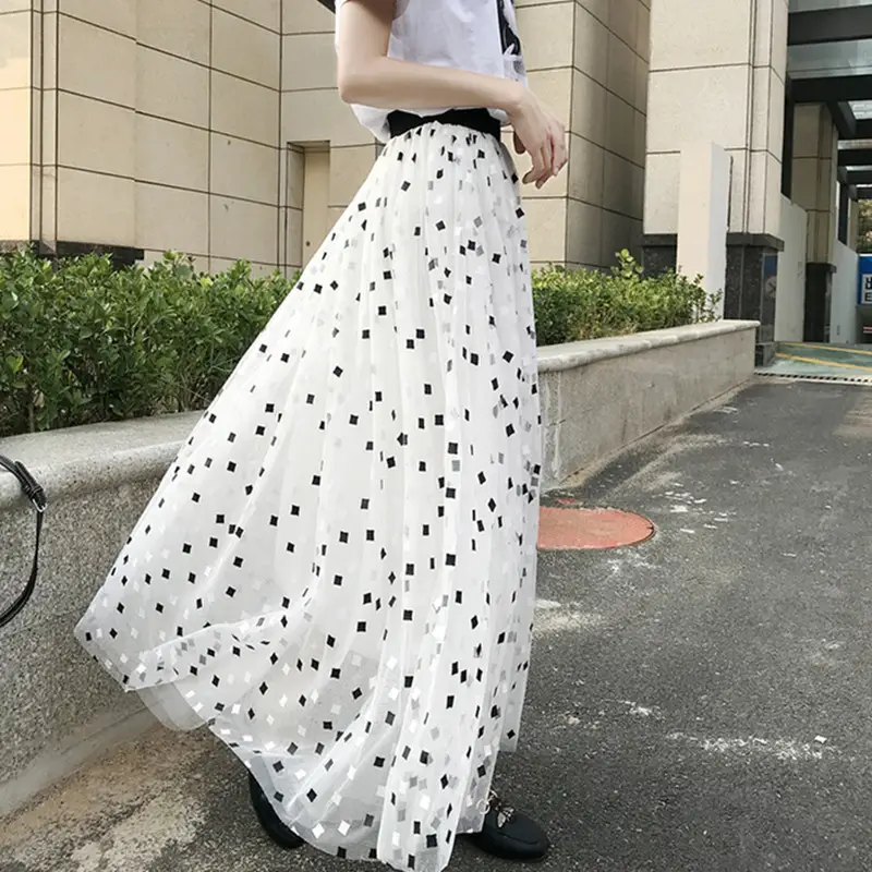 Black Mesh Gauze Skirt Mid-Length High Waist A-Line - Image 7