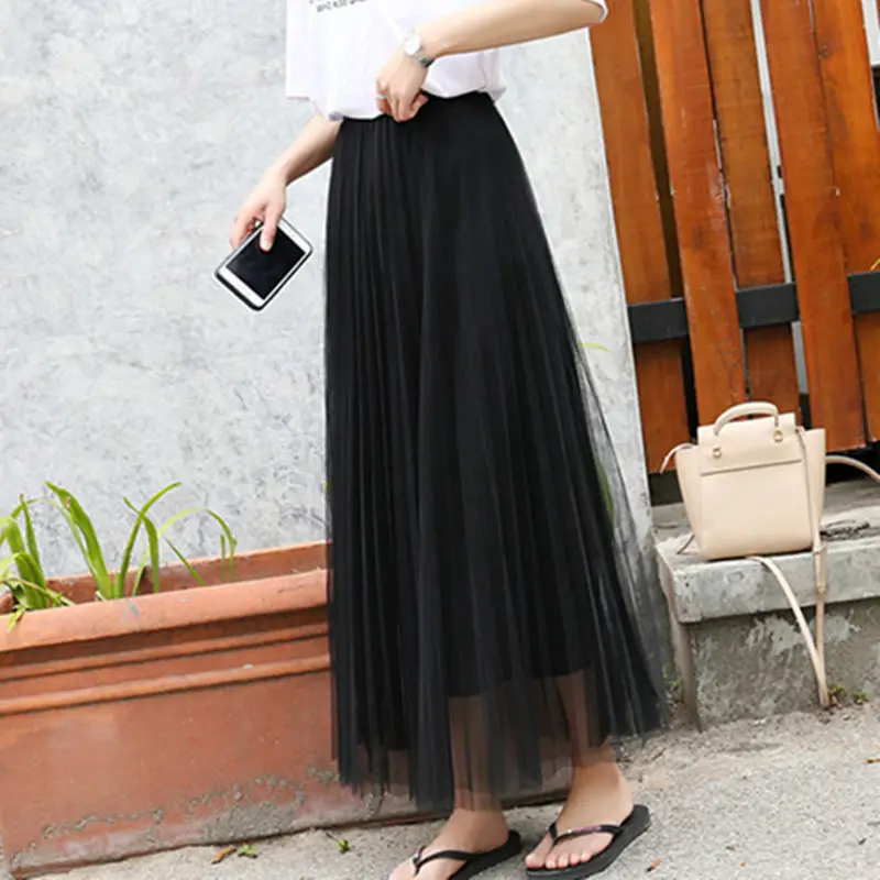 Black Mesh Gauze Skirt Mid-Length High Waist A-Line - Image 8