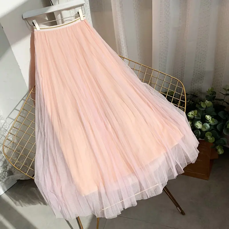 Black Mesh Gauze Skirt Mid-Length High Waist A-Line - Image 10