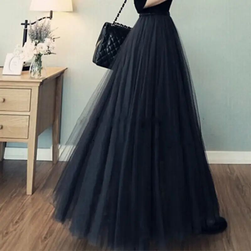Black Mesh Gauze Skirt Mid-Length High Waist A-Line - Image 3