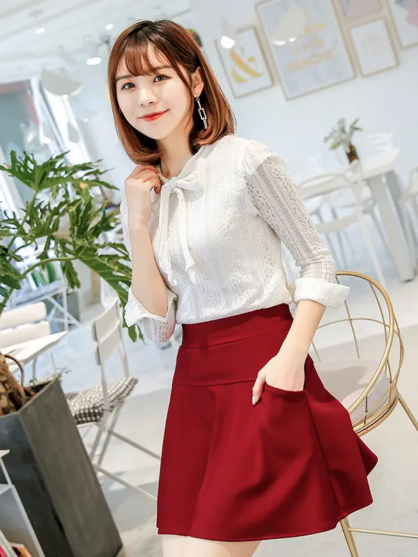 Red High Waist Skirt for Women Stretch Fabric - Image 5