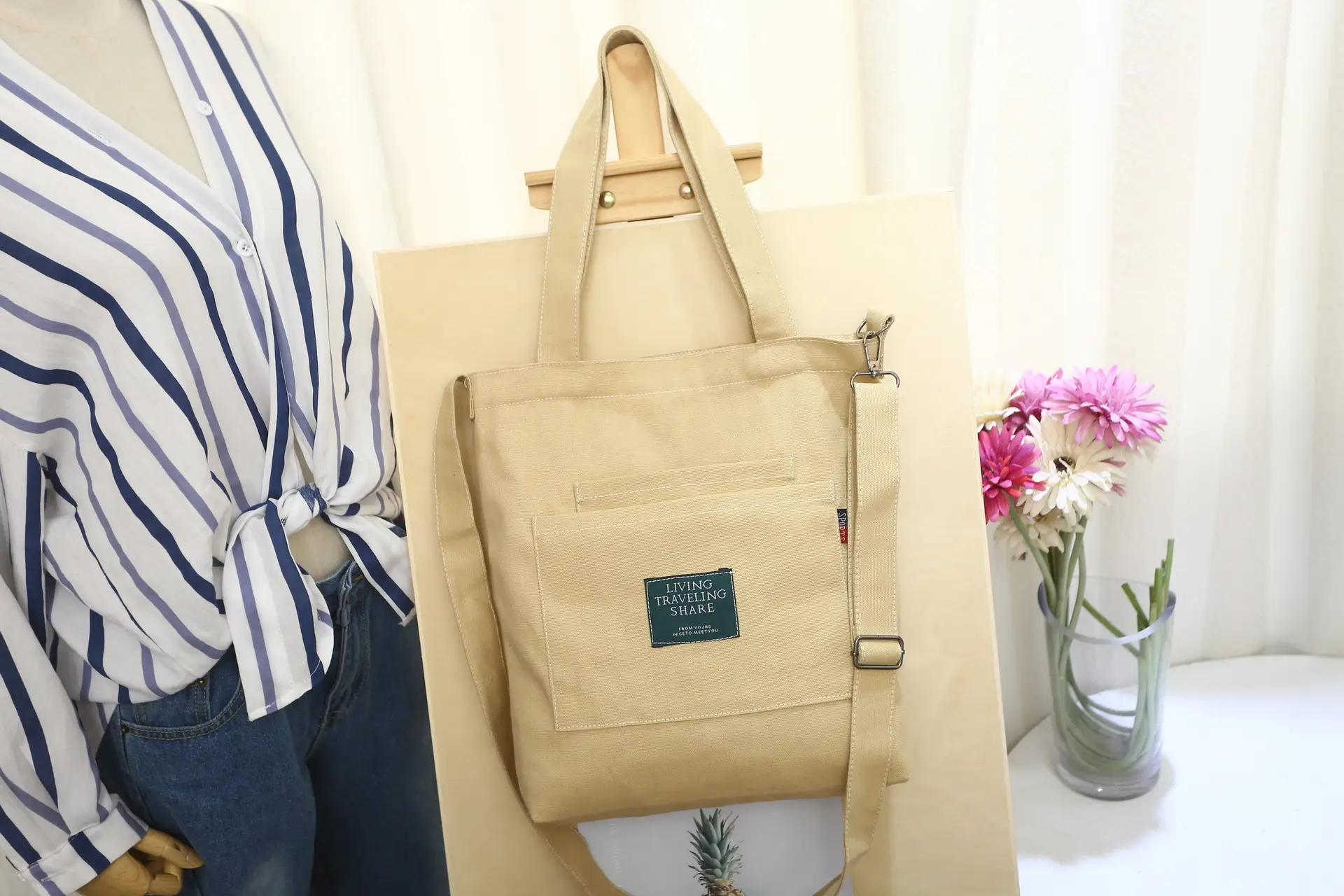 Yellow Canvas Shoulder Bag with Detachable Strap - Image 3