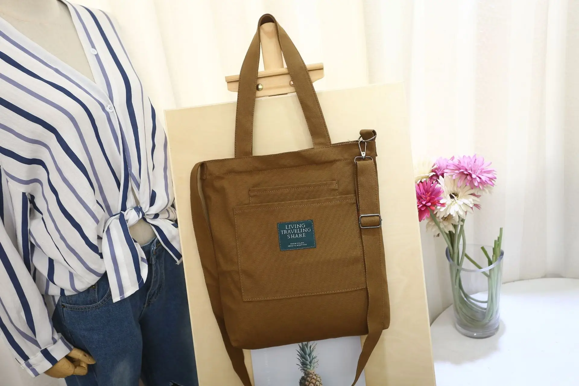 Yellow Canvas Shoulder Bag with Detachable Strap - Image 7