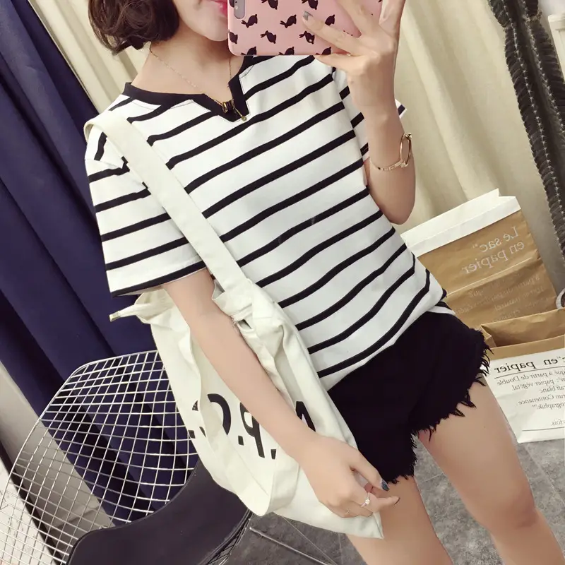 Women Striped T-Shirt V Neck Summer Large