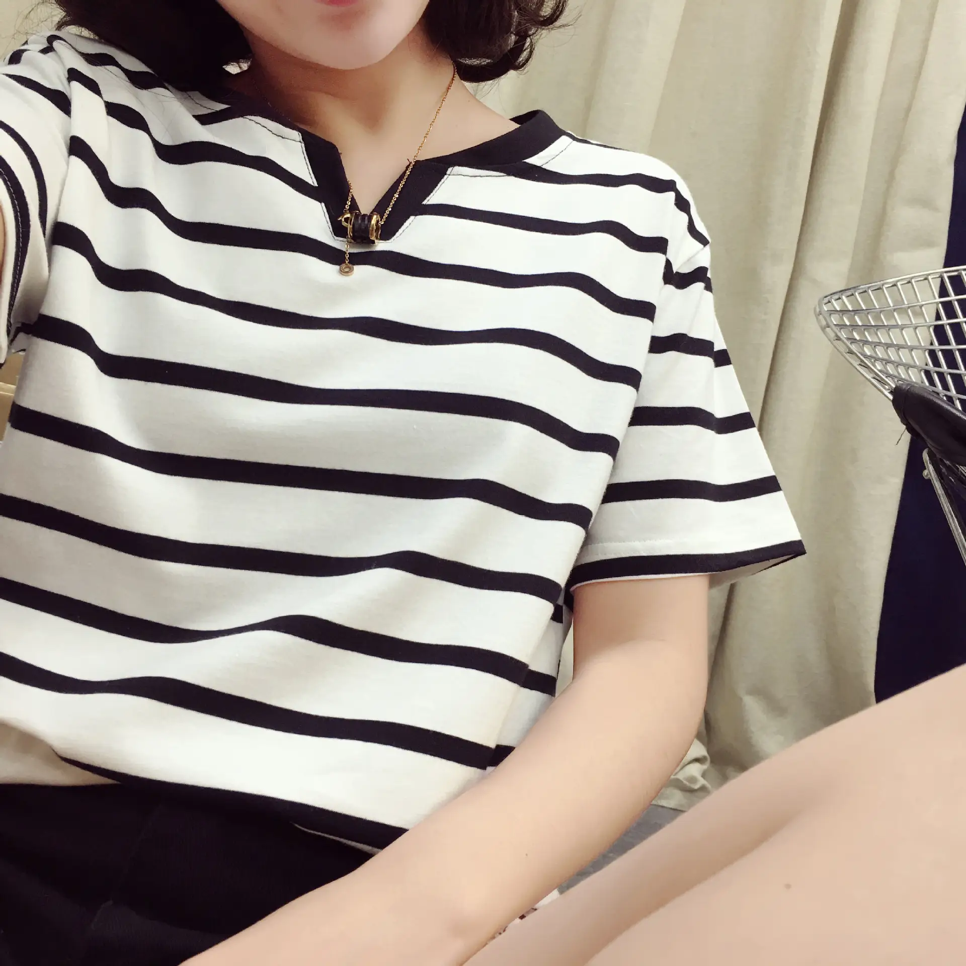 Women Striped T-Shirt V Neck Summer Large
