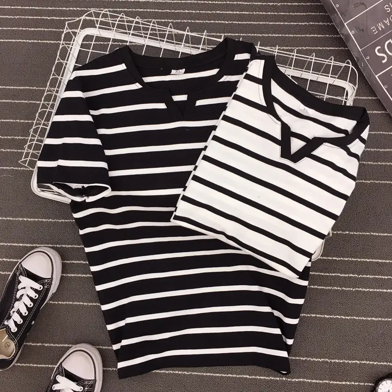 Women Striped T-Shirt V Neck Summer Large