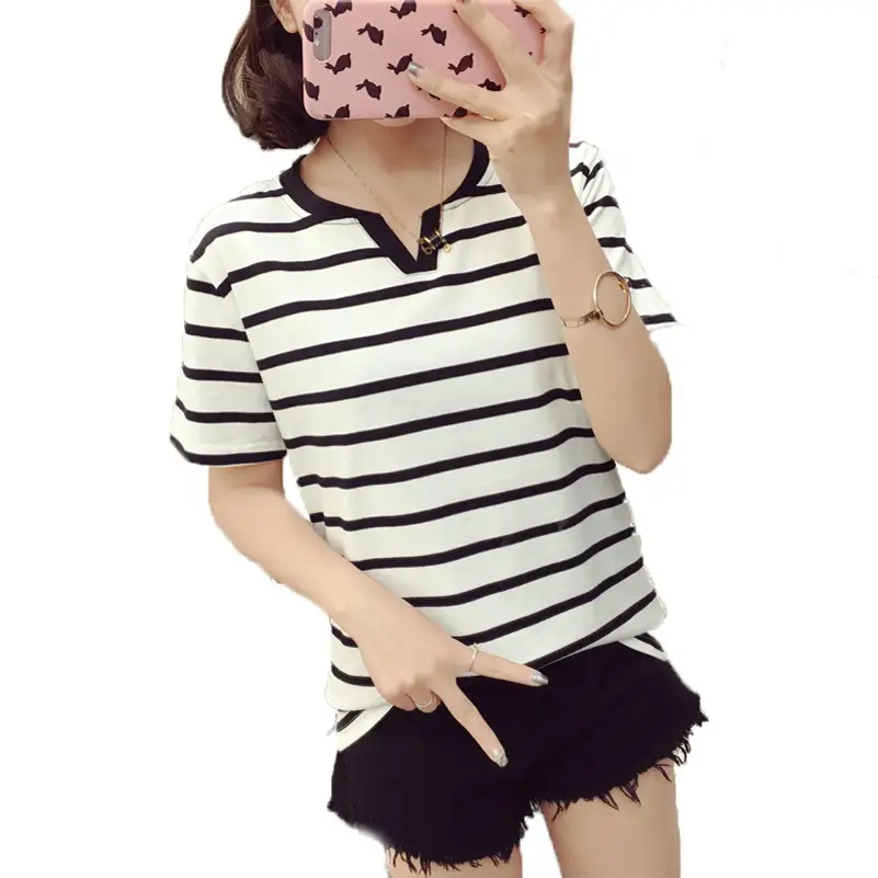 Women Striped T-Shirt V Neck Summer Large