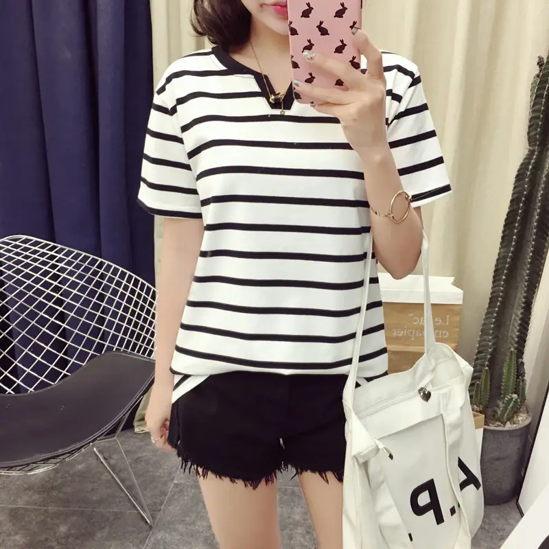 Women Striped T-Shirt V Neck Summer Large — feature 10