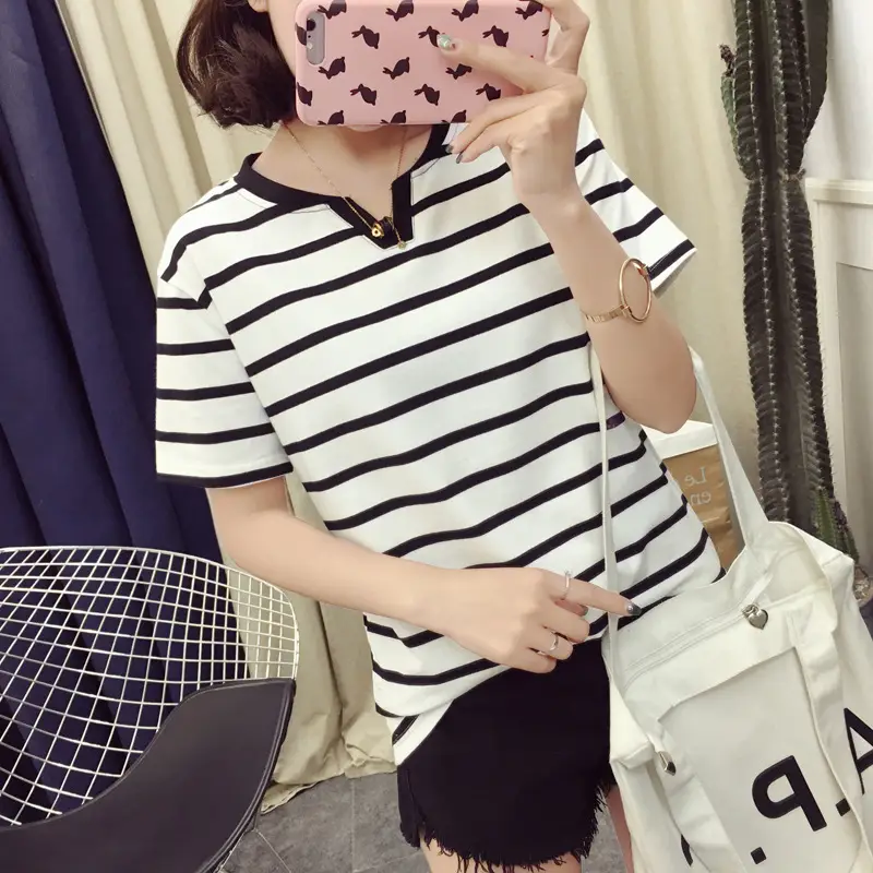 Women Striped T-Shirt V Neck Summer Large — feature 2