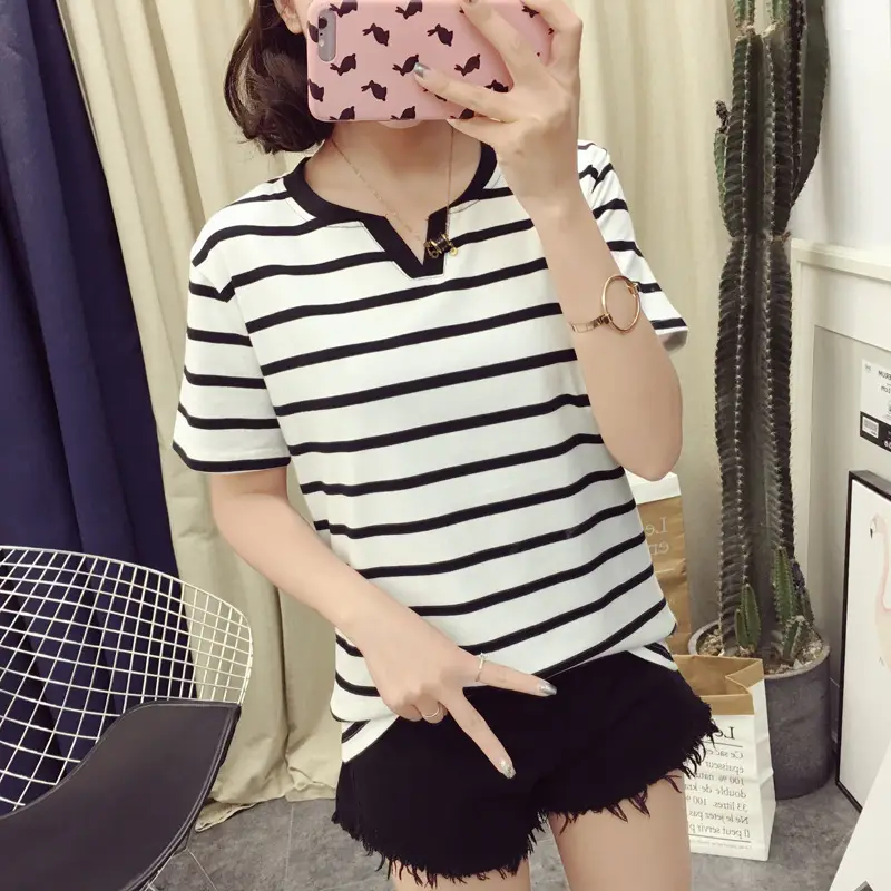 Women Striped T-Shirt V Neck Summer Large — feature 3
