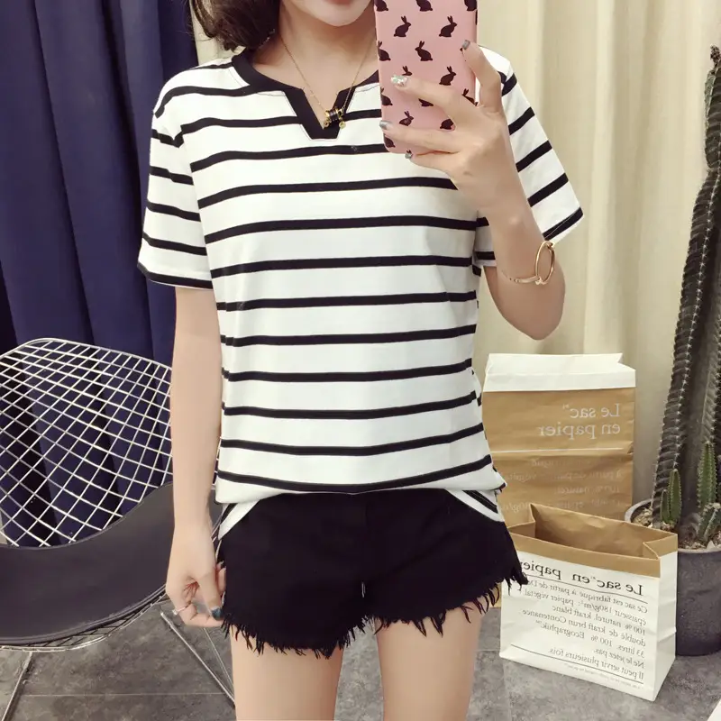 Women Striped T-Shirt V Neck Summer Large — feature 5