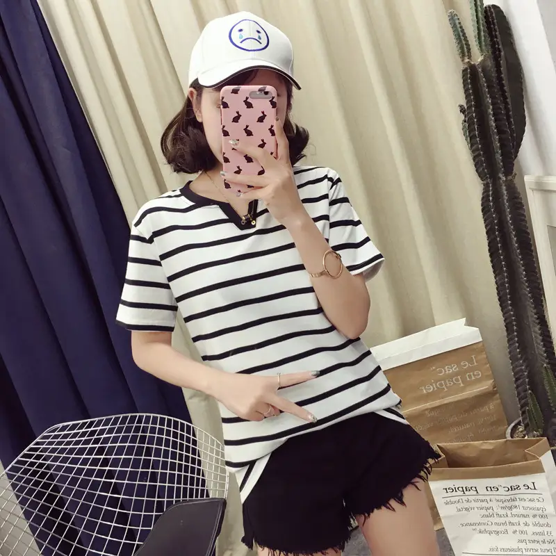 Women Striped T-Shirt V Neck Summer Large — feature 6