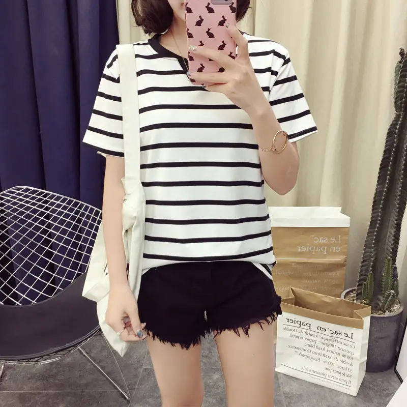 Women Striped T-Shirt V Neck Summer Large — feature 7