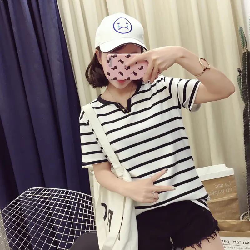 Women Striped T-Shirt V Neck Summer Large — feature 8