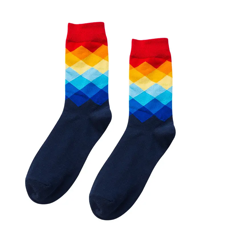 Colorful Diamond-Patterned British-Style Gradient Men's Socks, Sports Colorful Long Cotton Socks, Cross-Border Diamond-Patterned Socks
