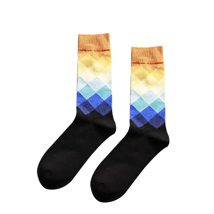 Colorful Diamond-Patterned British-Style Gradient Men's Socks, Sports Colorful Long Cotton Socks, Cross-Border Diamond-Patterned Socks