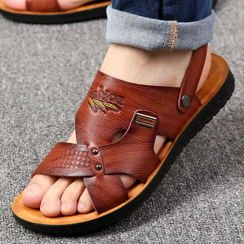 Men's Brown Leather Casual Sandals 2025 Summer