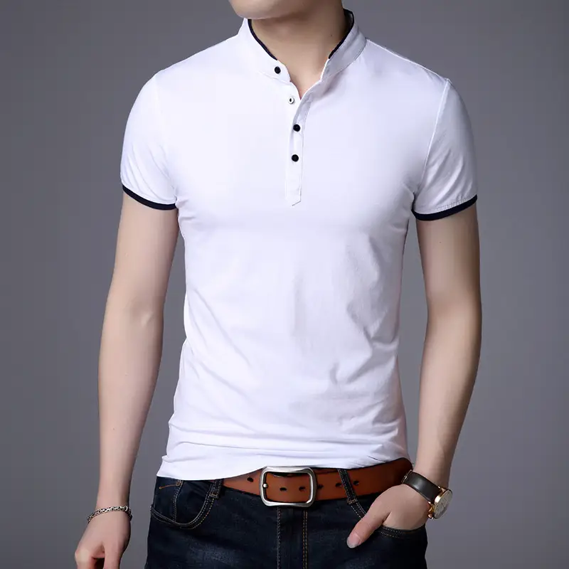 Men White Mercerized Cotton Polo Shirt Short Sleeve Stand Collar - Image 9